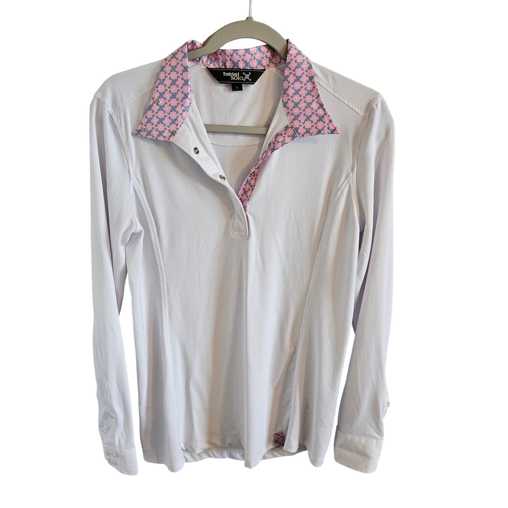 Tredstep Solo Women White Long Sleeve Equestrian Show Shirt Pink Floral Collar L